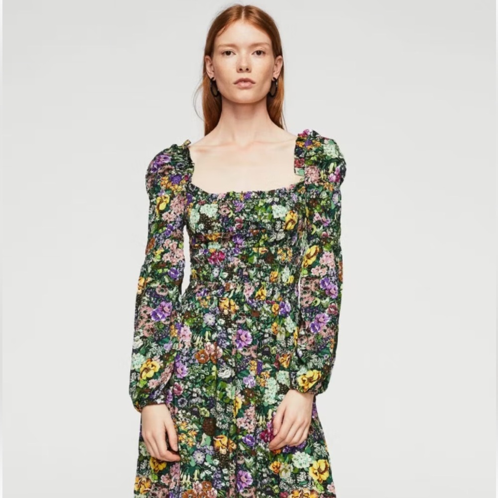 Mango Smocked Floral Print Long Sleeve Dress Size S